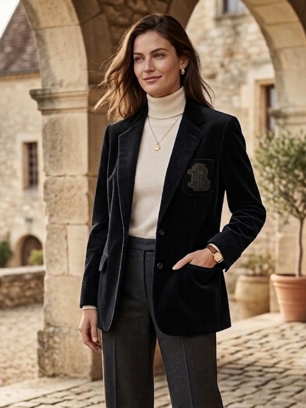 Lauren Ralph Lauren 20W Black Corduroy Crest Blazer Preppy Dark Academia Classic